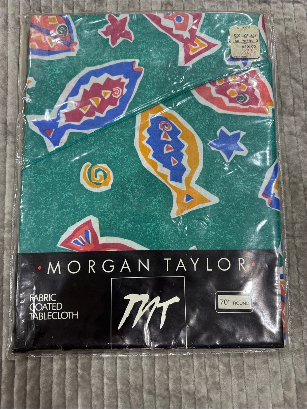 Morgan Taylor Teal Coated Tablecloth with Multicolor Fish